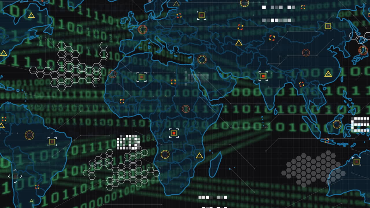 animación de código binario sobre el mapa del mundo e iconos sobre fondo negro