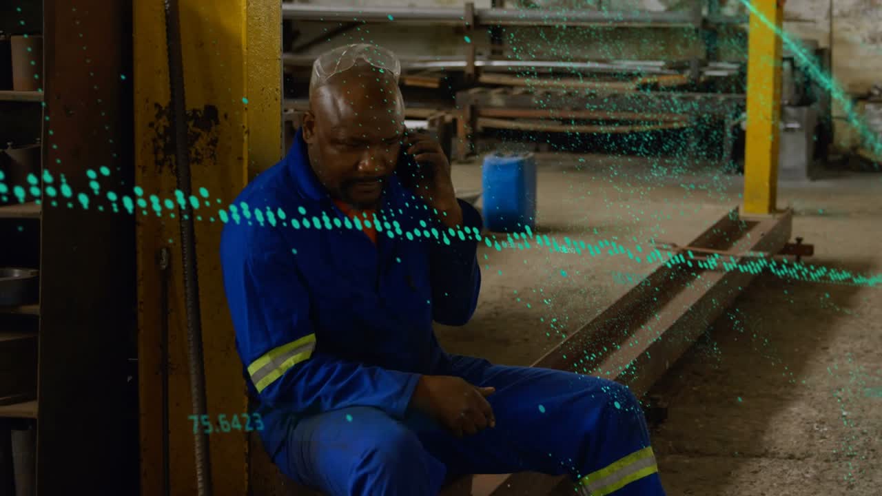 Animation of data processing over african american male worker using smartphone