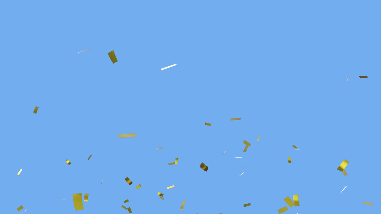 떠다니는 풍선과 청색 배경에 떨어지는 황금 콘페티  ⁇ 어리