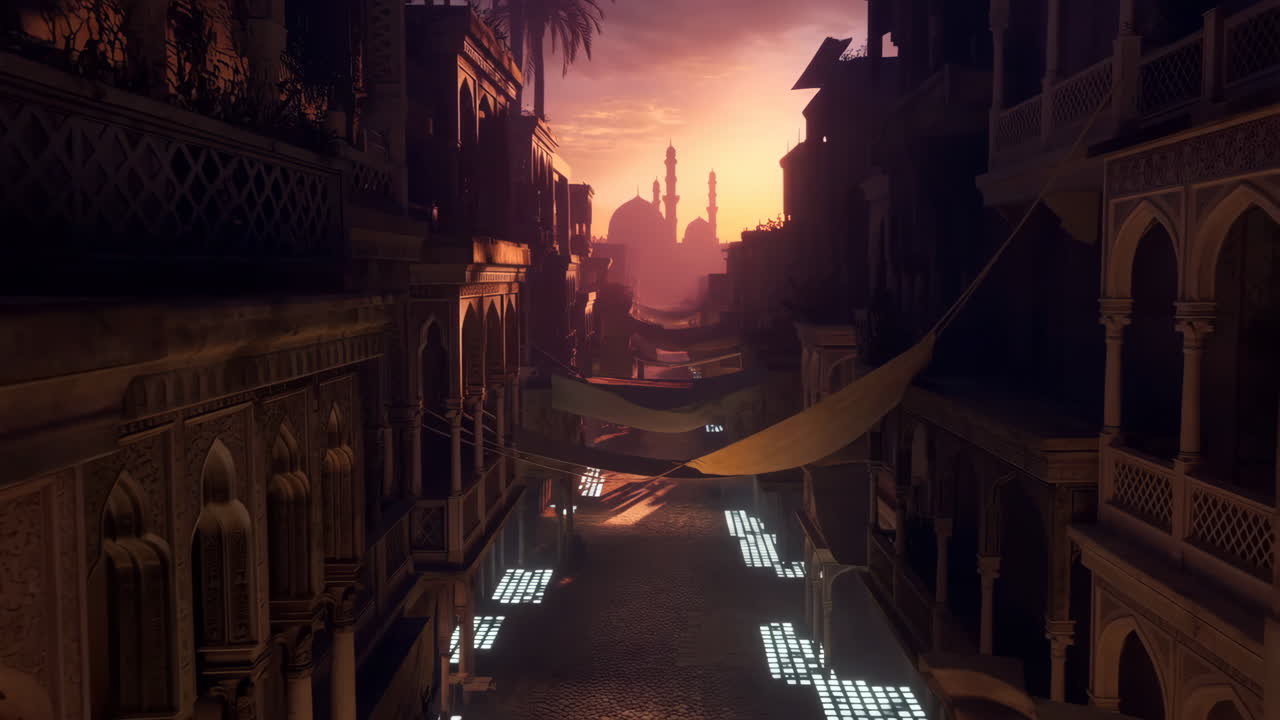 Sunset over an Ancient City Street with Distant Mosque