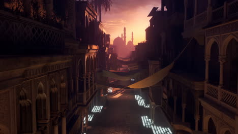 sunset over an ancient city street with distant mosque