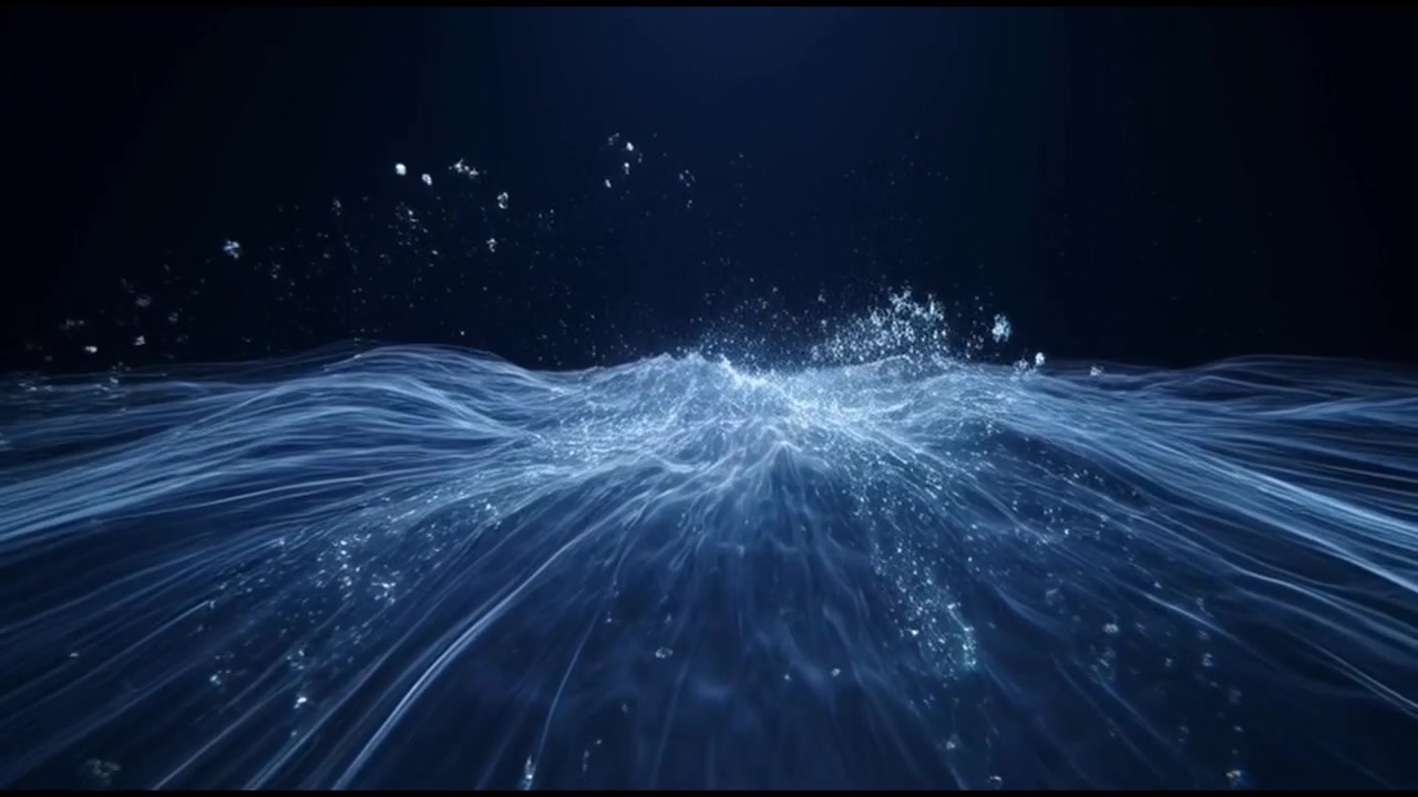 Abstract Blue Digital Waves Flowing with Floating Particles