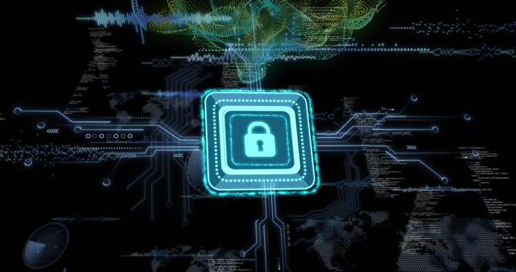 padlock chip floating circuits growing, data mesh pulsing, map fading, it glowing locking network