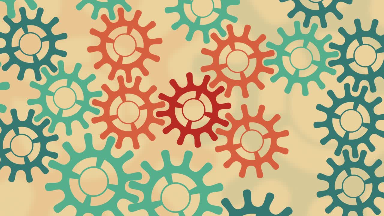 animación de dibujos animados en 4k de íconos modernos de engranajes en movimiento que forman un patrón colorido sobre un fondo blanco.