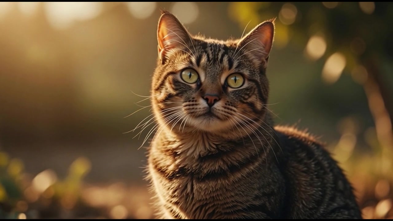 Gatto Soriano Seduto all'Aperto nella Calda Luce dell'Ora d'Oro