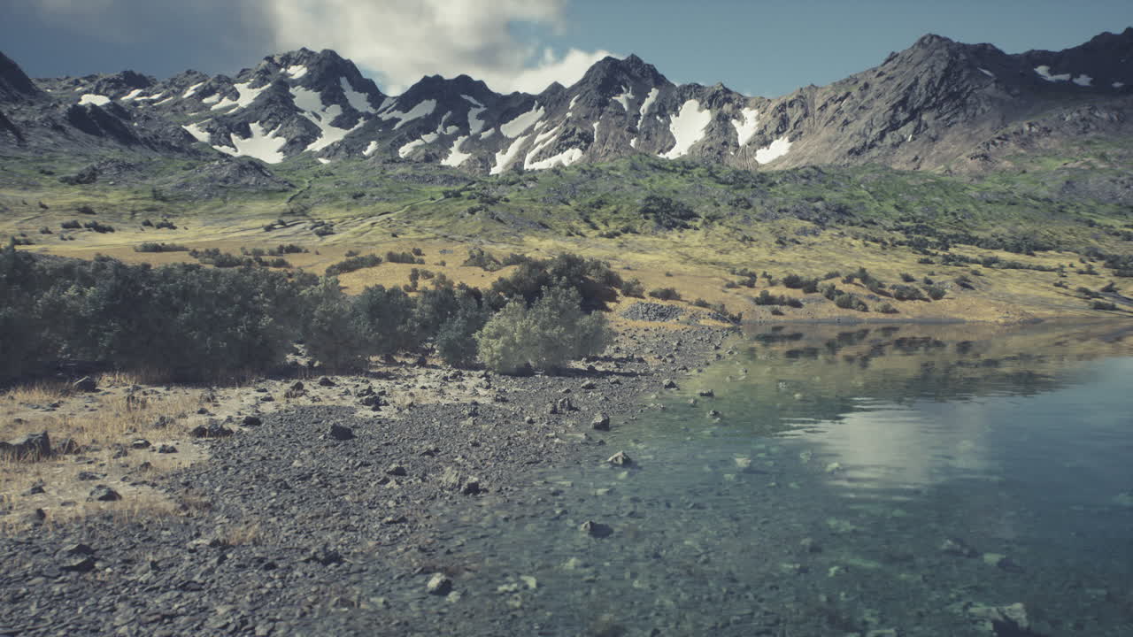 Scenic mountainous landscape with a tranquil lake reflecting clouds