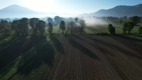 Mañana-Brumosa-En-Parcelas-De-Cultivo,-Sombras-Niebla-Mística-En-La-Distancia-Con-Silueta-De-Fondo-De-Montañas