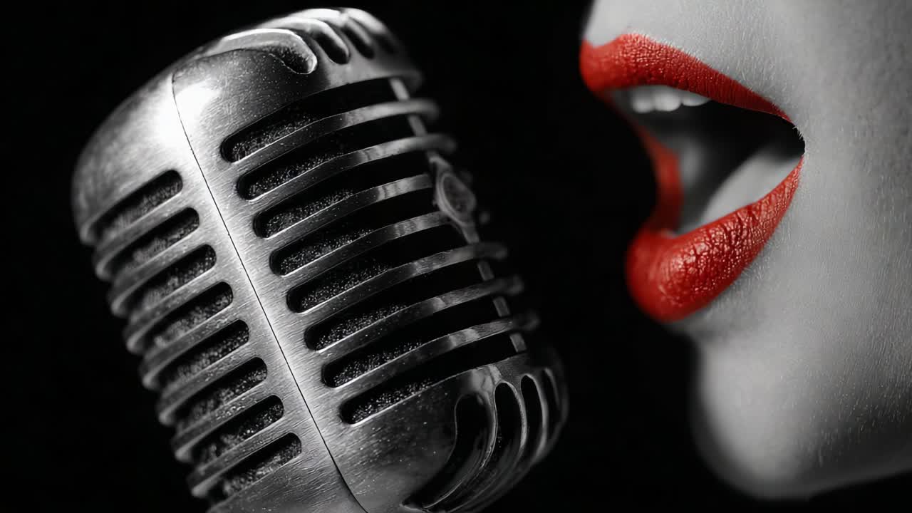A Powerful Vocal Performance Captured: The Artistry of Microphone and Expression in Monochrome with a Touch of Bold Red Lipstick