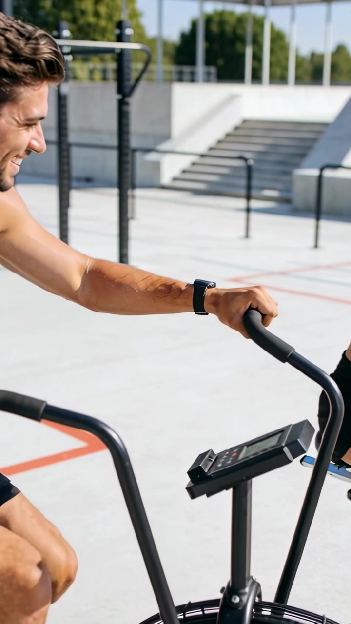 Vertical video: Exchanging fist bump, left man pedaling air bike outdoor court in shorts motivating