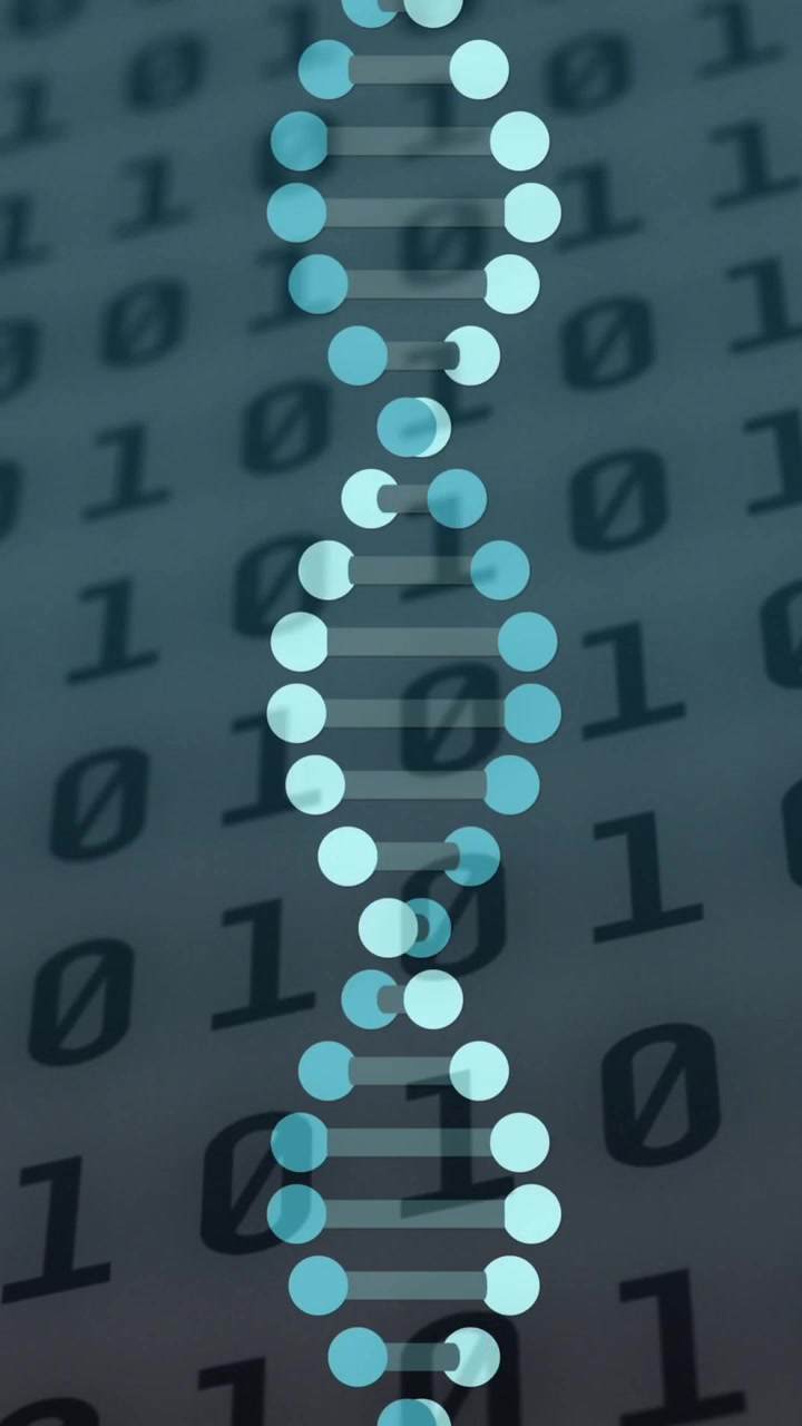 Animation of dna strands spinning over binary coding data processing
