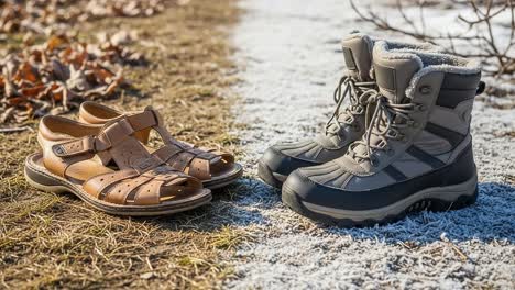A Comparative Showcase of Two Distinct Styles of Footwear Featuring Sandals and Winter Boots on a Frosty Outdoor Surface