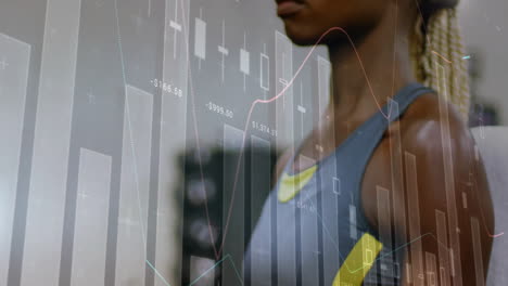 exercising in gym, person with financial data charts animation around