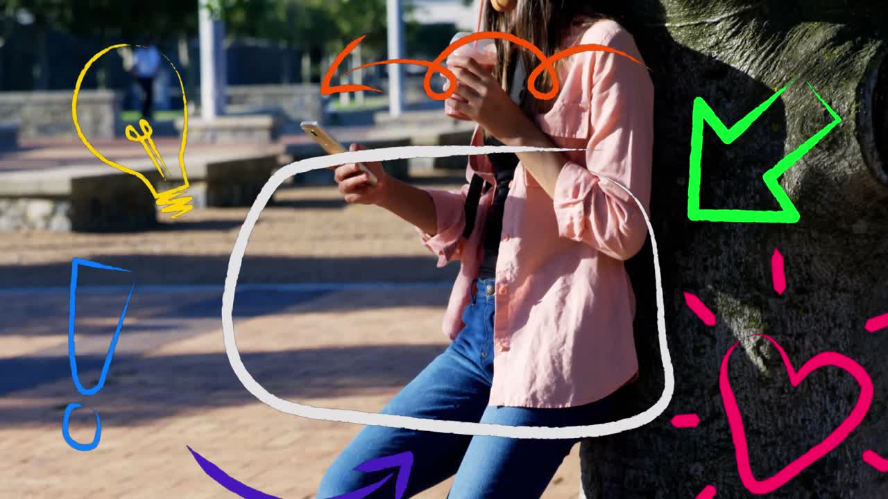 iconos digitales flotando contra una mujer tomando una bebida y usando un teléfono inteligente en el parque