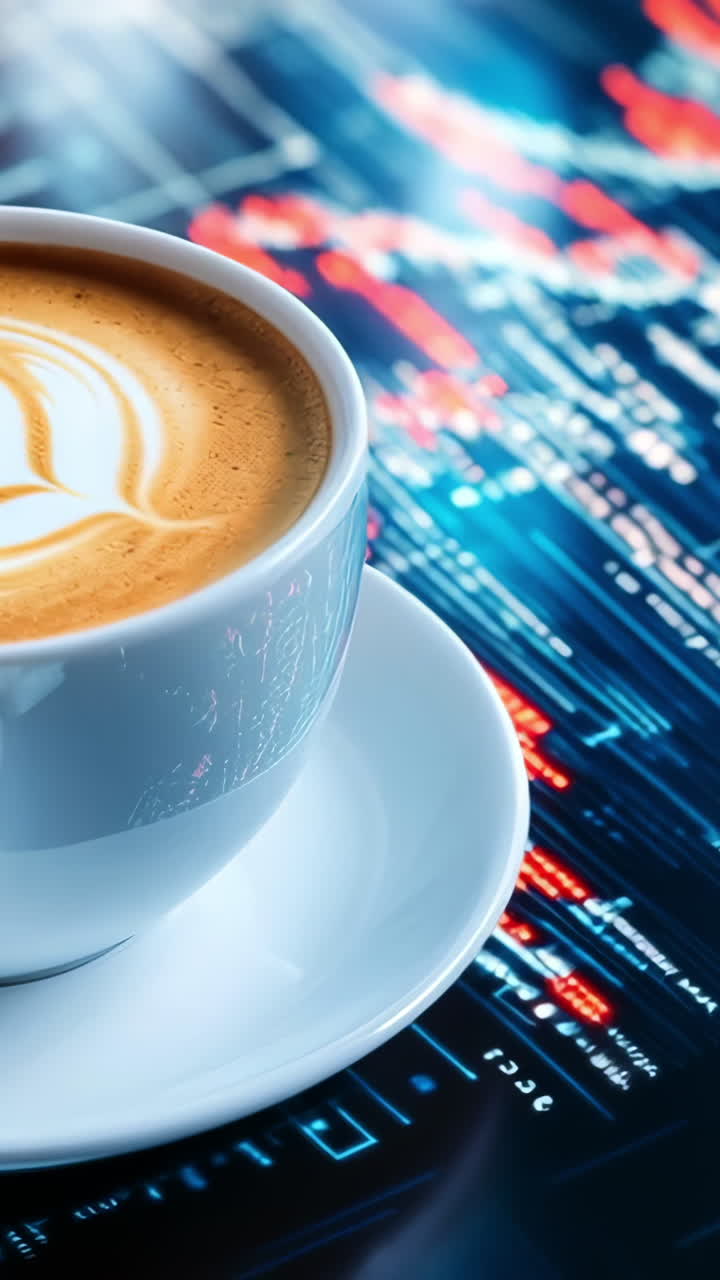 Latte art on stock data. A white coffee cup sits on a table, featuring latte art, above vibrant stock market data and financial graphs.