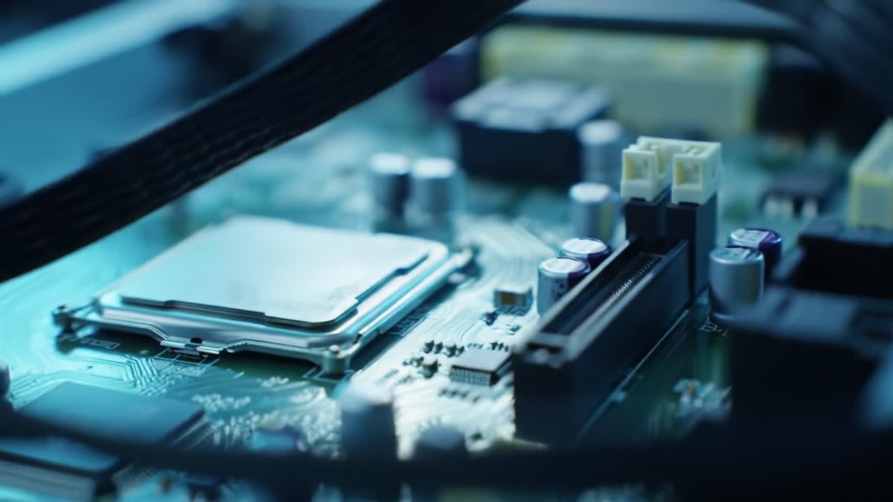Detailed exploration of a computer motherboard showcasing processors, capacitors, and circuits in a modern tech environment. This visual encounter highlights intricate design and functionality.