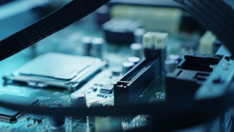 detailed exploration of a computer motherboard showcasing processors, capacitors, and circuits in a modern tech environment. this visual encounter highlights intricate design and functionality.