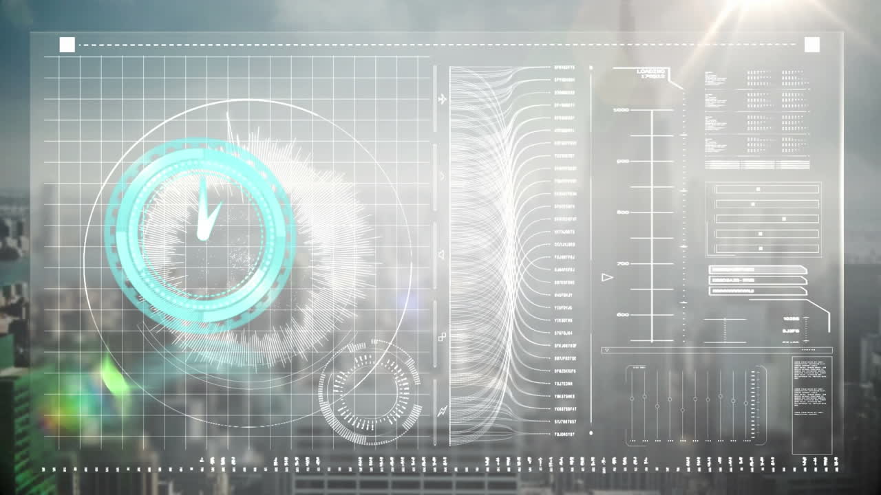 시계의 애니메이션이 빠르게 움직이고 도시 풍경 위의 화면에서 데이터 처리됩니다.