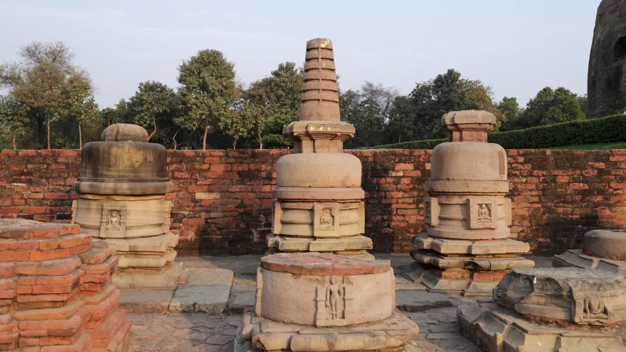 holy excavated ancient buddhist stupa ruins at sarnath in daylight video is taken at Sarnath near Varanasi, India