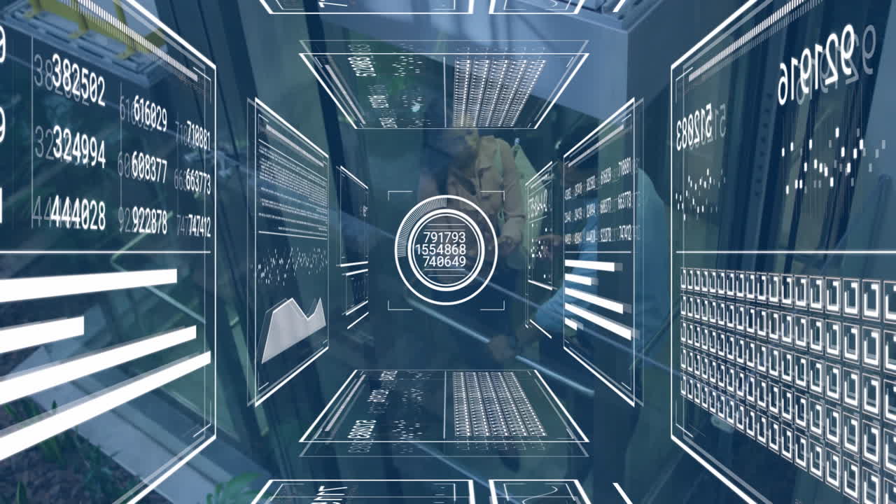 Animation of digital data panels and graphs forming futuristic tunnel in school