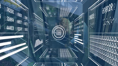 animation of digital data panels and graphs forming futuristic tunnel in school