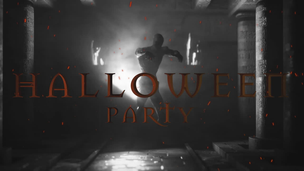Animation of halloween party text over zombie walking on empty street background