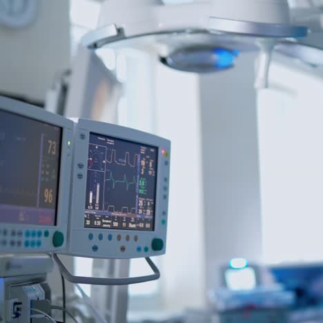health monitors in intensive care unit. screens showing vital signs of a patient on the background of surgical process. health care concept.