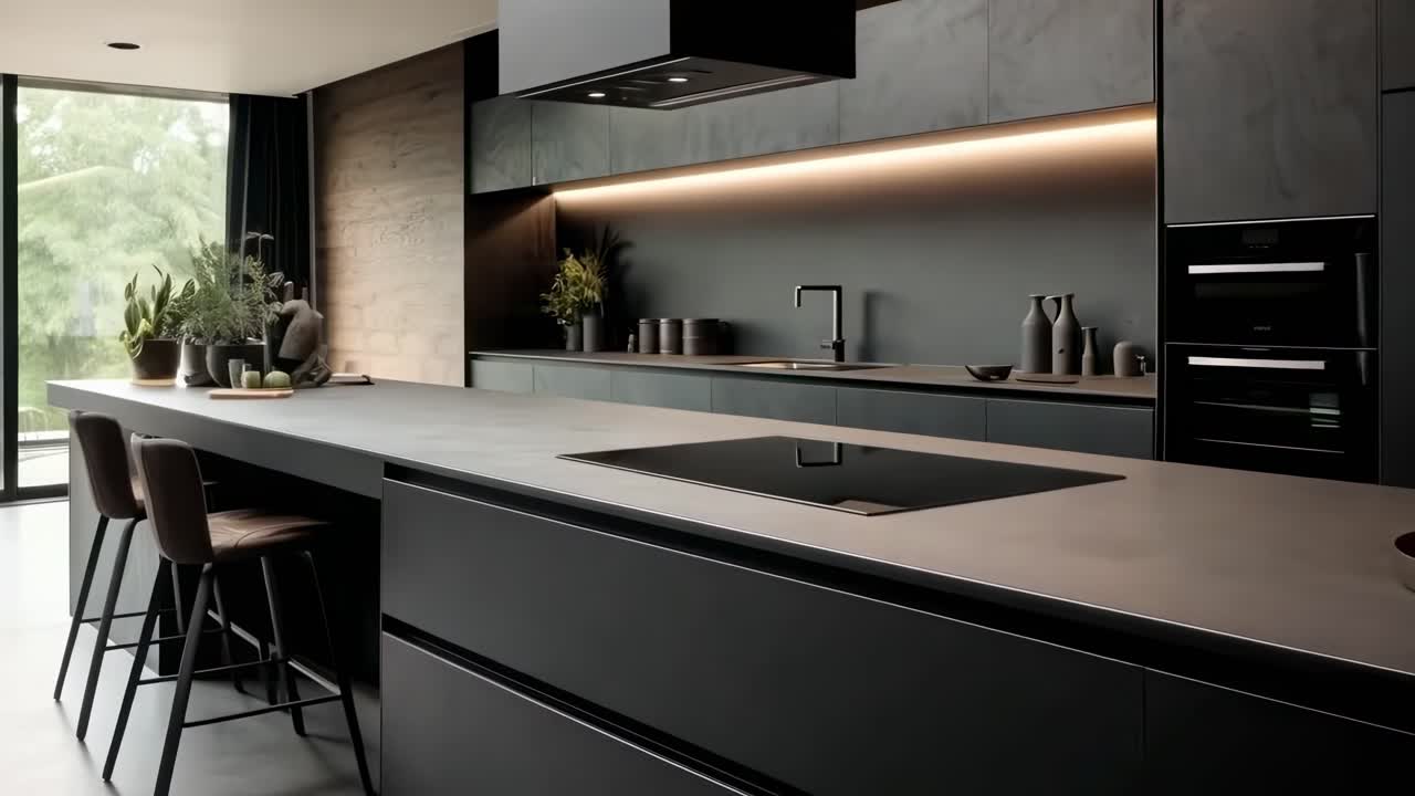 Cozinha moderna elegante com acabamentos em preto fosco, fotografada de uma perspectiva grande angular