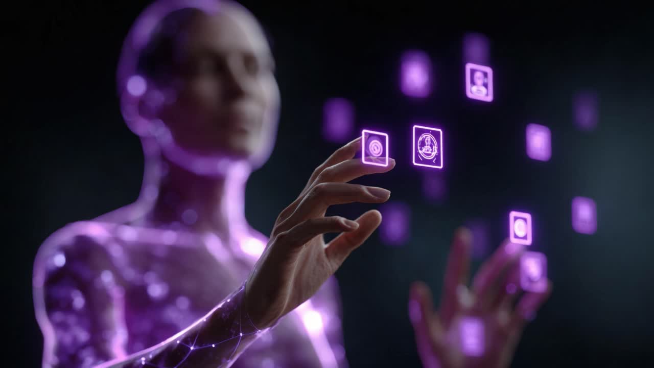A futuristic, holographic figure interacts with vibrant digital icons, showcasing advanced technology and the merging of human and digital environments in a captivating manner