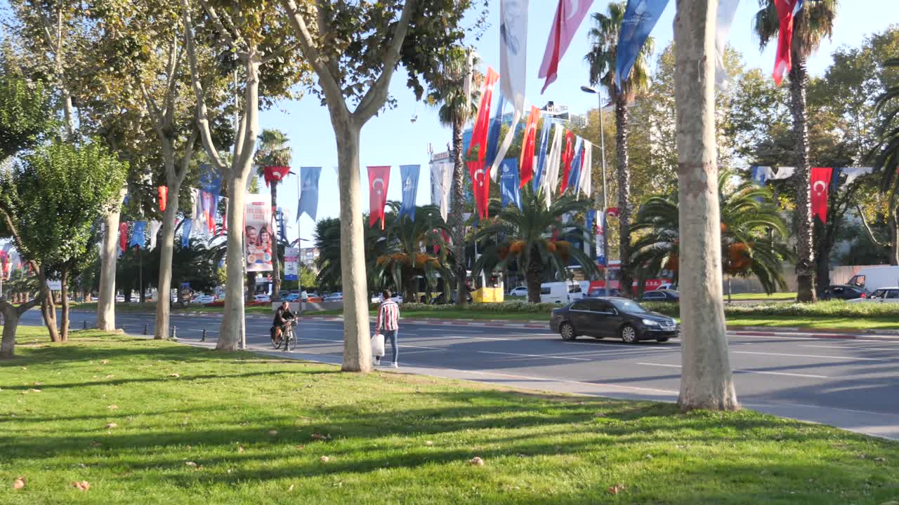 una escena callejera en una ciudad con banderas y árboles