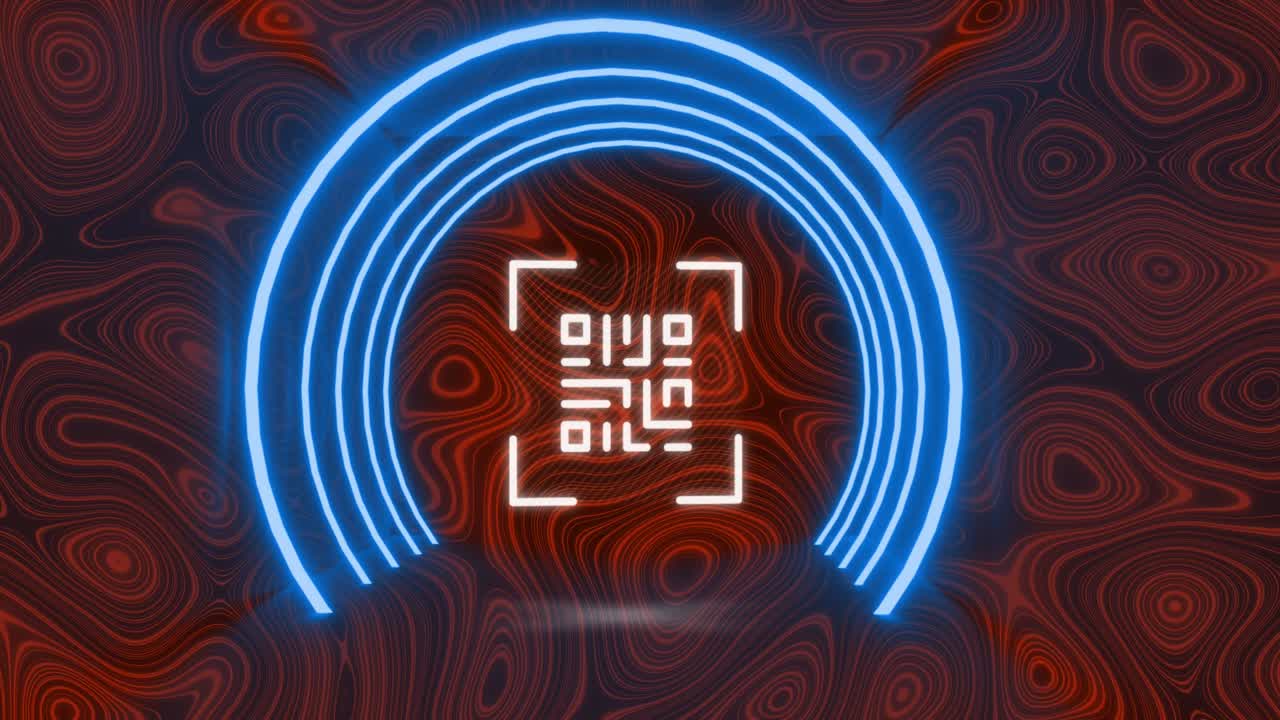 escáner de código qr con elementos de neón contra la topografía