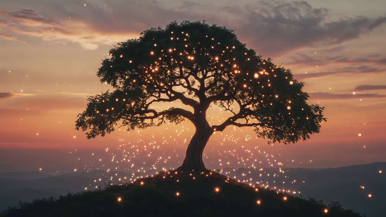 Árvore Encantada com Luzes Brilhantes ao Pôr do Sol