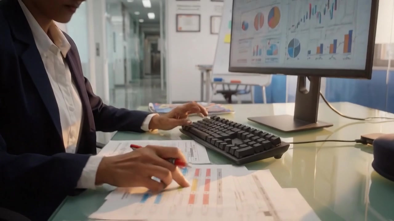 Donna professionista che analizza dati e crea report in un ambiente d'ufficio moderno con grafici, diagrammi e documentazione che evidenziano le metriche aziendali.