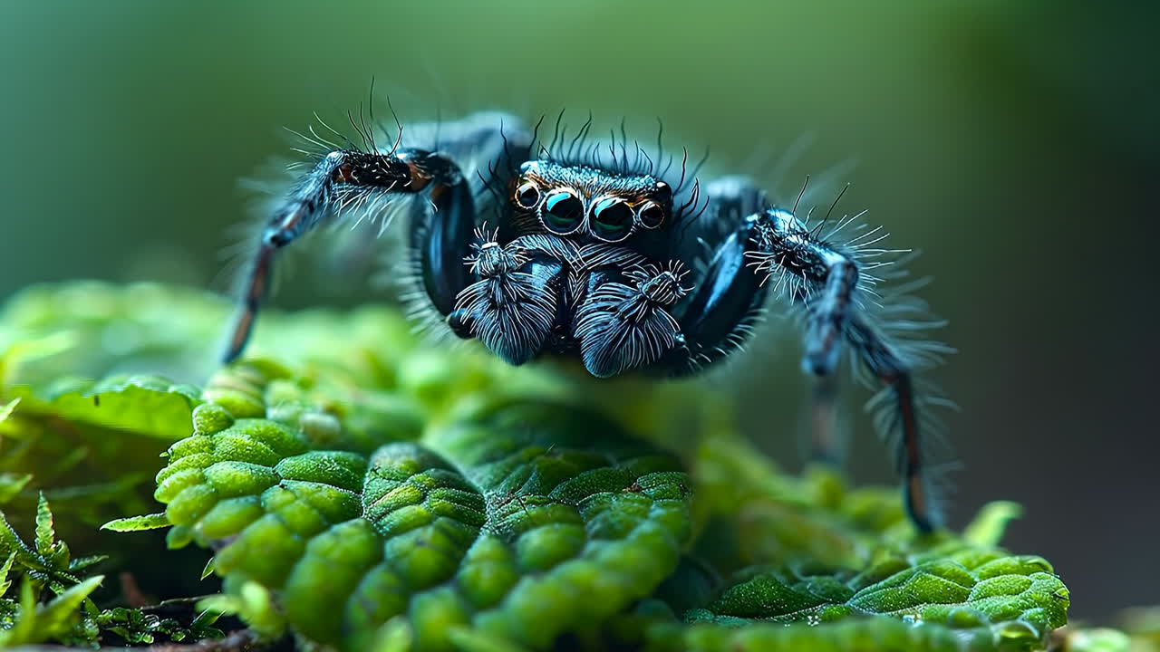 Spider on leaf watching close. A spider sits on a green leaf, showcasing its many eyes and fine details while it looks around