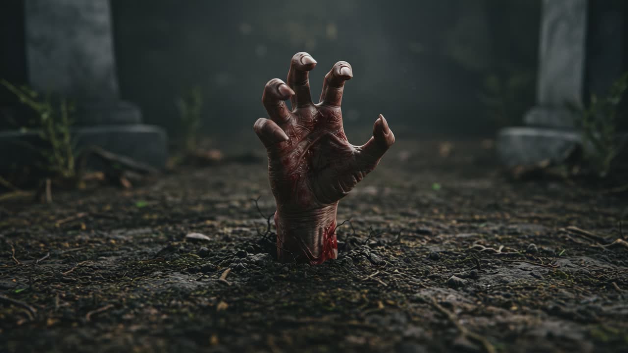 Emerging from the Earth: A Gruesome Hand Reaches Out from the Ground, Surrounded by an Ominous, Foggy Atmosphere in a Dimly Lit Graveyard Setting