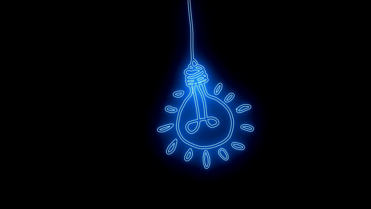 빛 애니메이션: 네온 파란색과 흑색 배경에 반이는 전구 윤