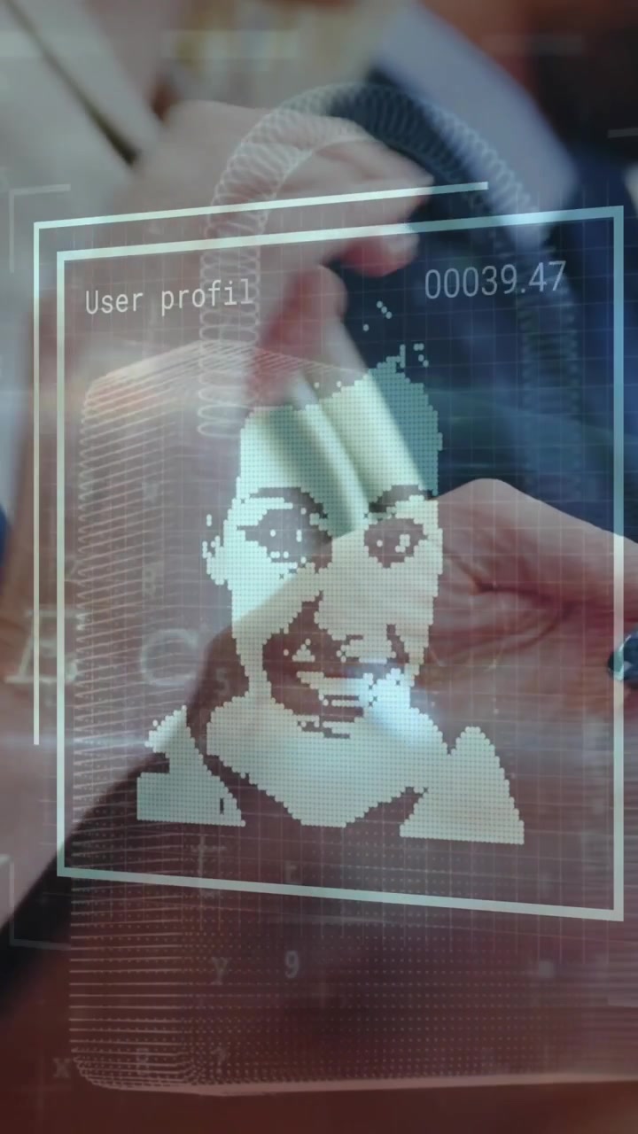 Animation of biometric photo and data processing over diverse business people using smartphones