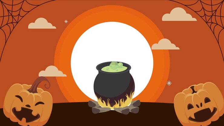 glückliche halloween-animation mit kürbissen und kessel