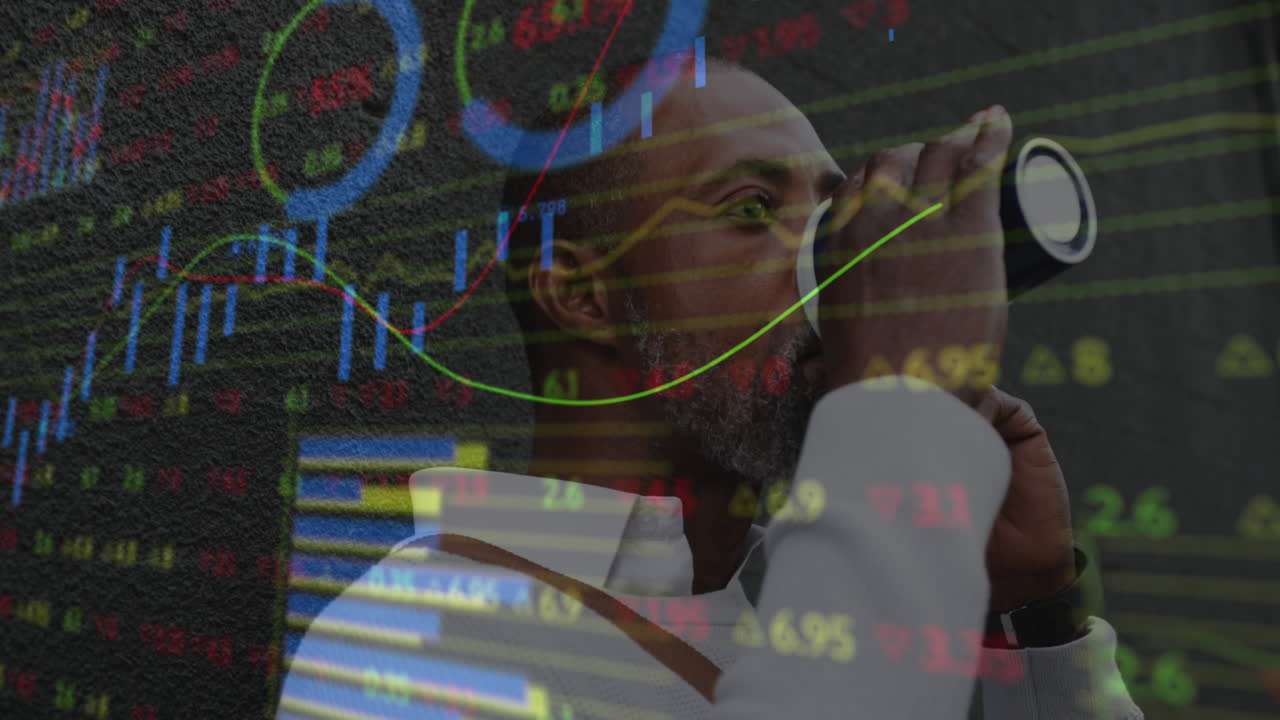 Animation of graphs, trading board, african american man drinking coffee while talking on smartphone