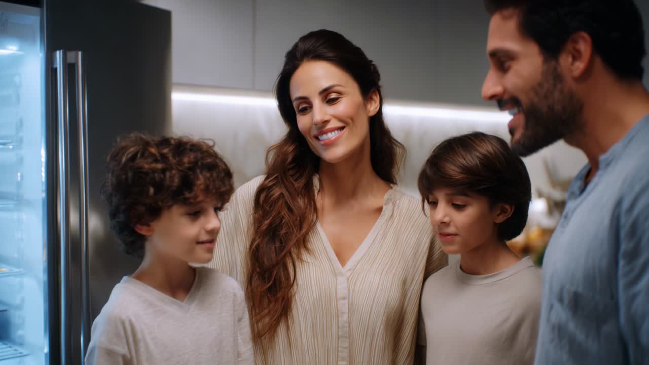 A Joyful Family Moment: A Mother and Her Two Sons Share Smiles and Laughter as They Gather Around the Refrigerator, Enjoying a Special Time Together in a Warm and Inviting Kitchen Setting