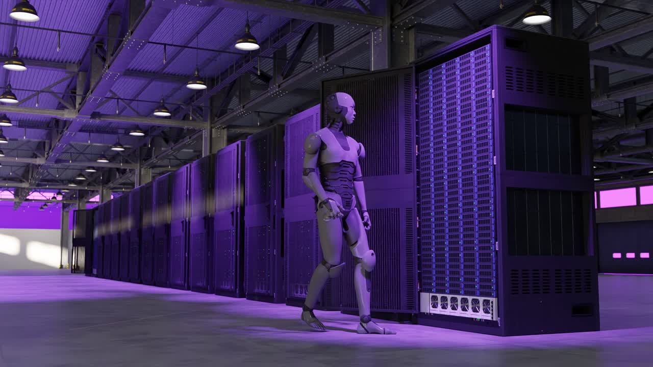 Humanoid robot standing in data center and purple lights with server racks and industrial ceiling. Artificial intelligence and robotics technology concept.banner, poster, wallpaper, header
