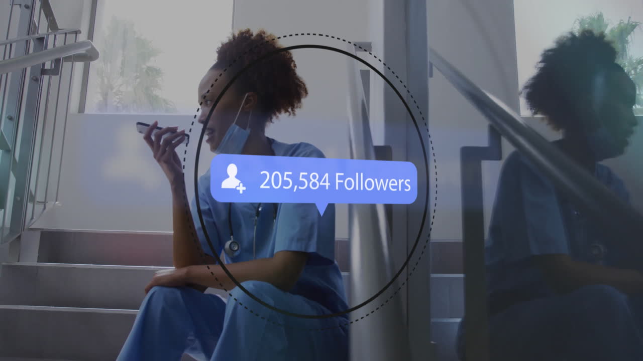 Animation of followers growing number over african american female doctor