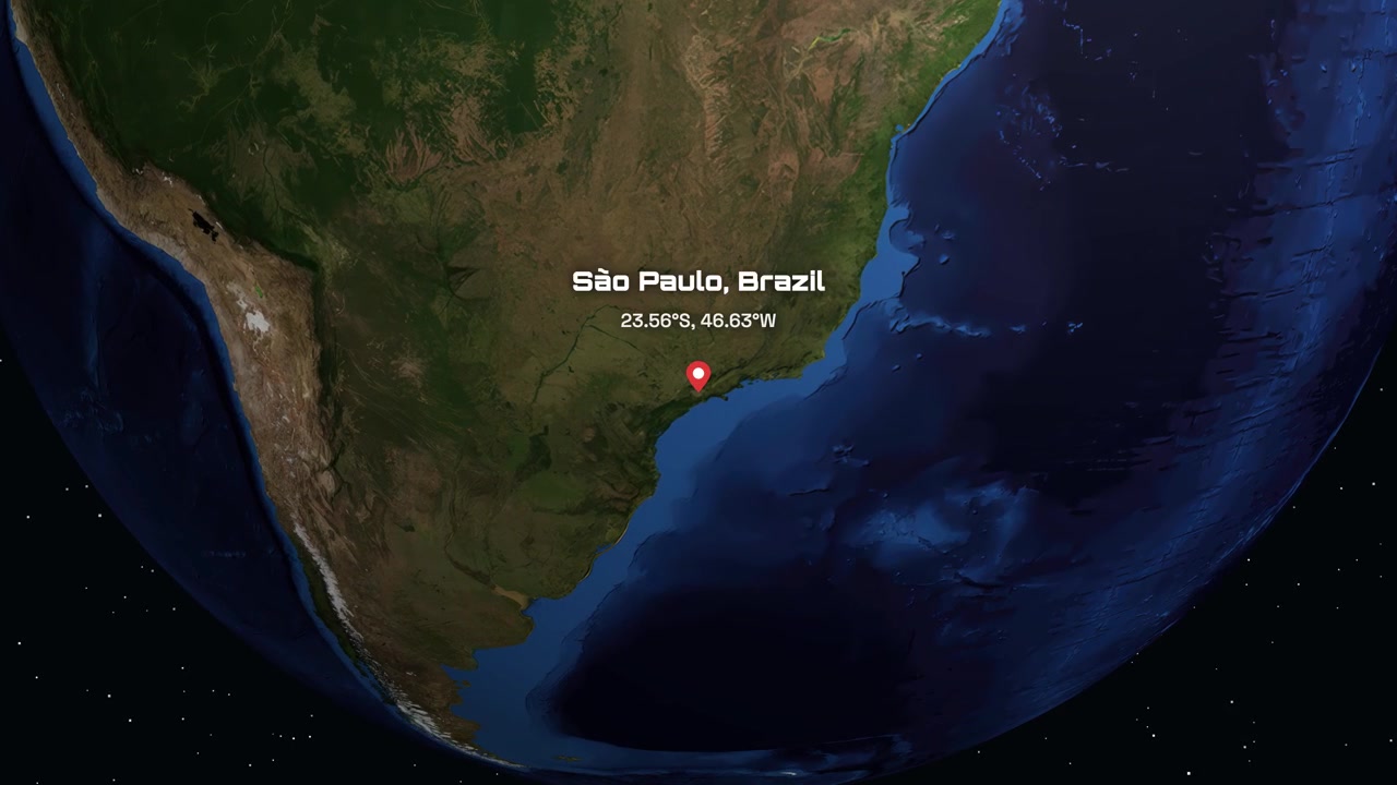 Animasi digital memperbesar dari luar angkasa ke Sao Paulo, Brasil, dengan penanda lintang dan bujur