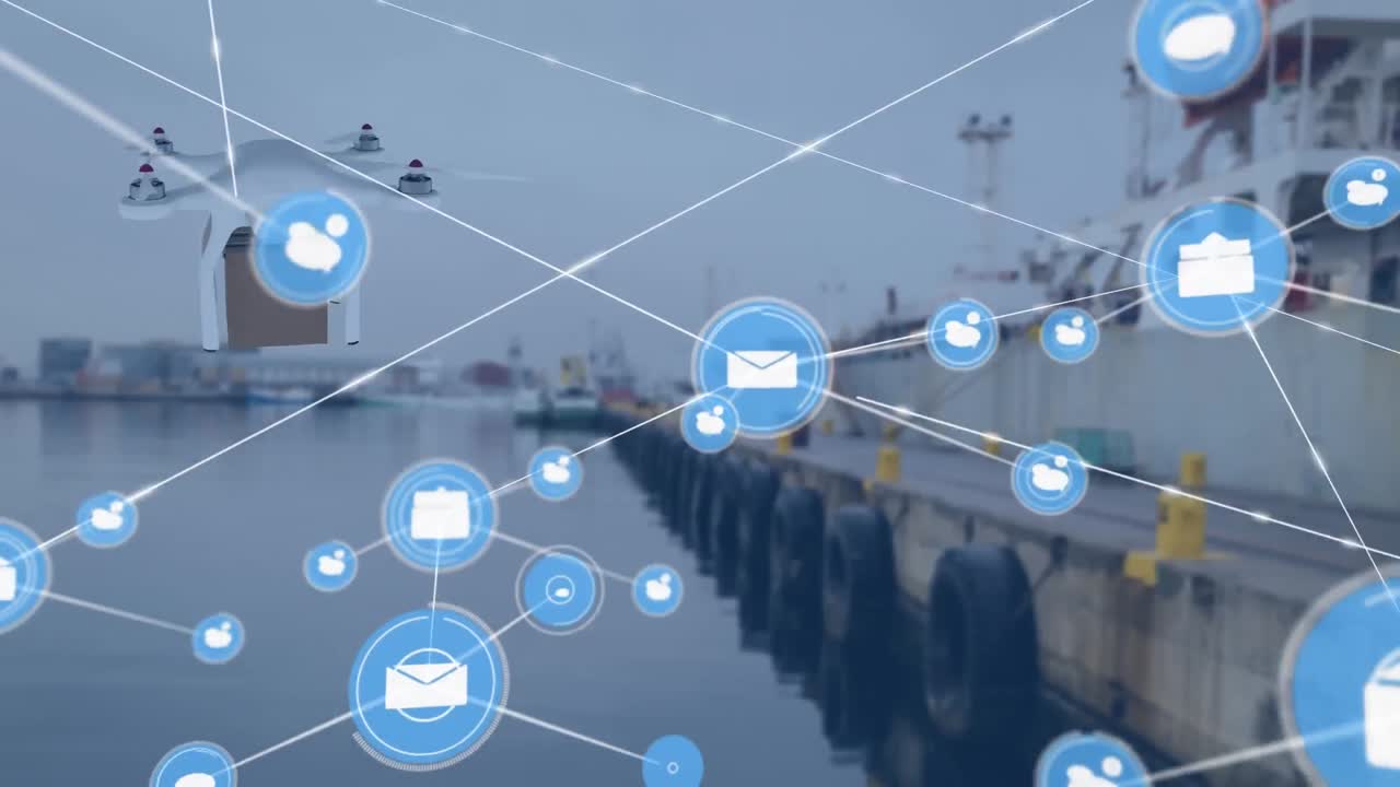 Animation of network of connections over drone with parcel over harbor