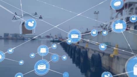 animation of network of connections over drone with parcel over harbor