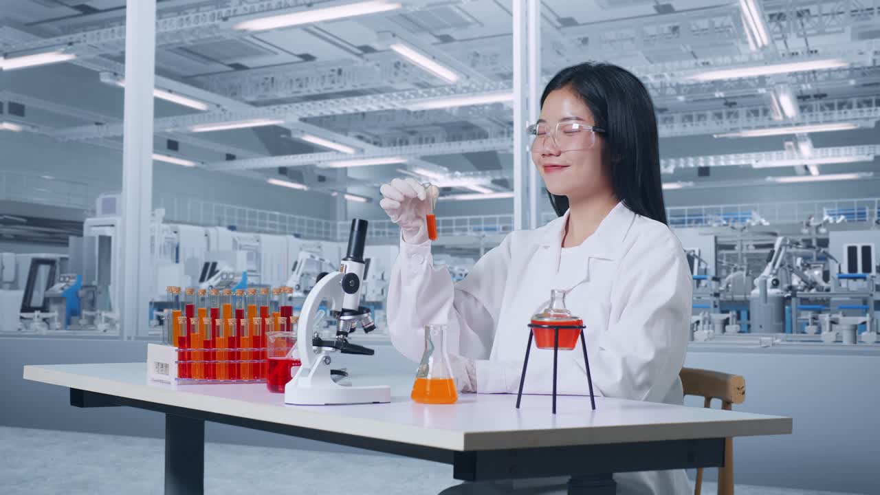 아시아 여성 과학자가 시험관에 쳐다보며 미소 짓고 엄지손가락을 올려놓고 현미경으로 실험실에서 손짓을 하고 실험실에서 플을 분석하고 있습니다.