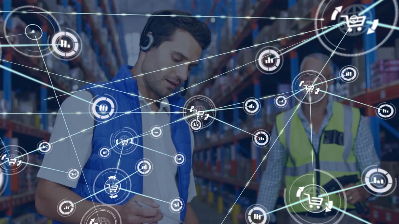 Animation of network of connections with icons over diverse male workers in warehouse