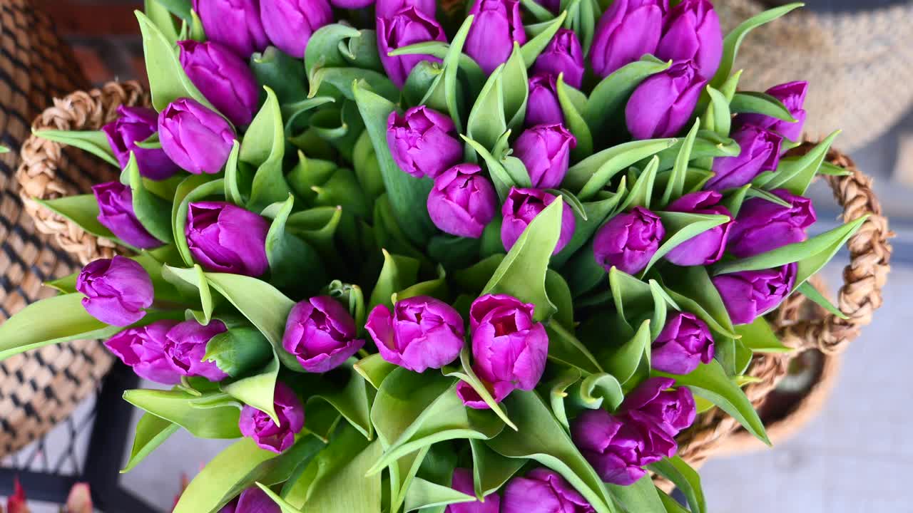 фиолетовый букет тюльпанов в корзине