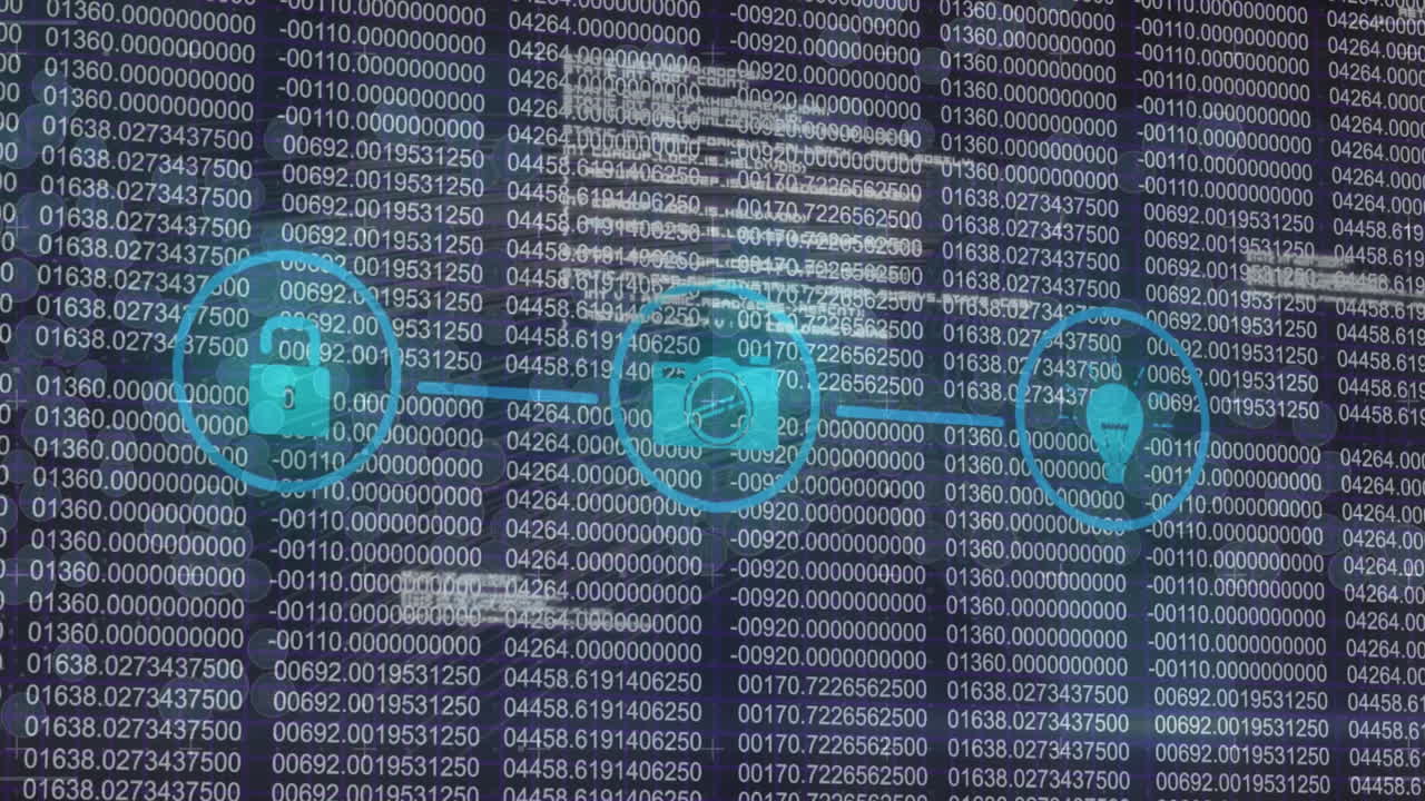 검은색 배경에 아이콘과 데이터 처리로 연결 네트워크의 애니메이션