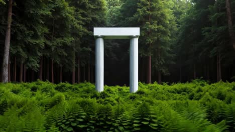 a white pillar in the middle of a lush green forest