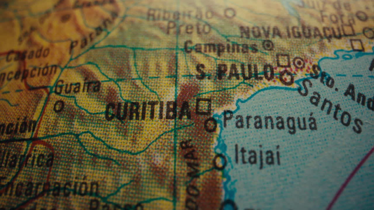 Close-up of a World Globe Map Focusing on Curitiba, Brazil